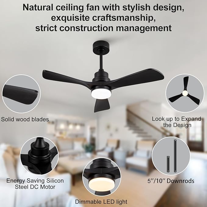 42 Inch Black Ceiling Fans with Lights and Remote Control,Dimmable LED Light,3 Wood Blades,Memory Function,Reversible DC Motor,Modern Indoor Outdoor Ceiling Fan for Bedroom Patios Office