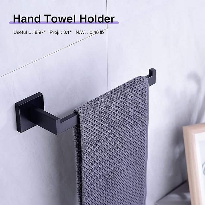 TRUSTMI Black Bathroom Hardware Set Contemporary 5-Pieces Wall Mounted Towel Bar Set, Stainless Steel Square Shaped Bathroom Hardware Accessories, Matte Black