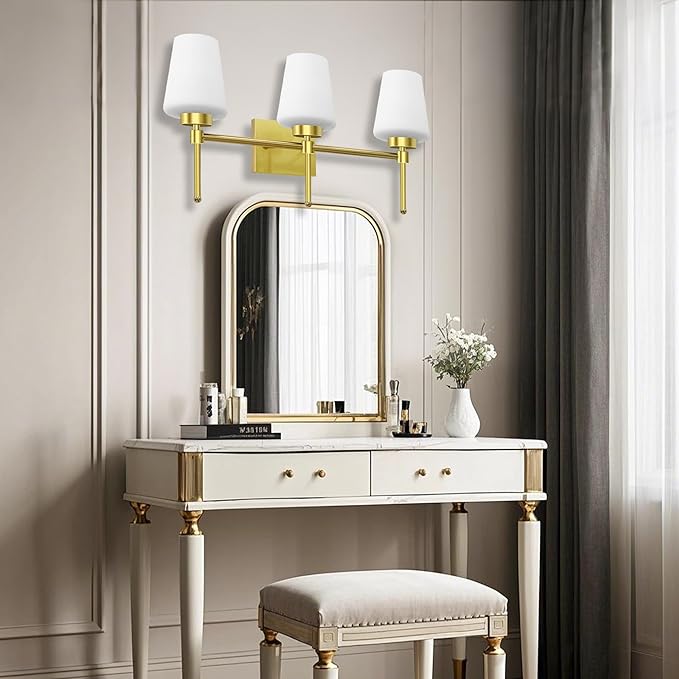 Bathroom Vanity Light Fixtures Brushed Brass Over Mirror with Milk Glass Shade Wall Sconce Lighting Lamp Bath 3-Lights (Exclude E26 Bulb)