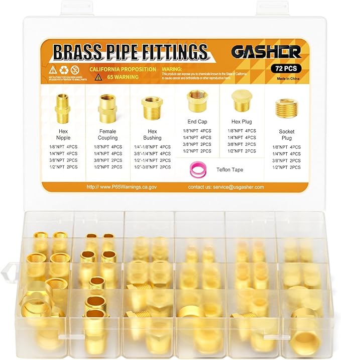 GASHER Brass Pipe Fittings Assortment Kit, Hex Nipple,Reducer Bushing,Reducing Hex Coupling,Hex Heand Plug,End Cap and Socket Plug(72Pcs)