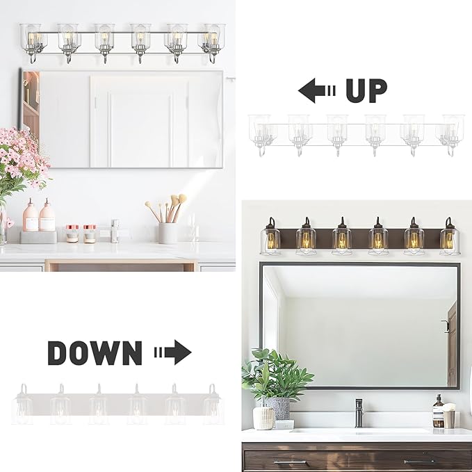 zeyu 44 Inch Farmhouse Bathroom Vanity Lights, 6-Light Bathroom Light Fixtures with Clear Glass Shade, Oil Rubbed Bronze Finish, ZSL72B-6W ORB