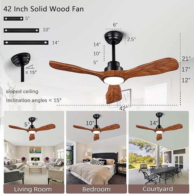 42” Ceiling Fan with Lights and Remote Control Ceiling Fan, Wooden Ceiling Fan with Lights Silent Reversible DC Motor with 3 Blades for Farmhouse, Living Room, Bedroom, Office. (Black + Walnut)