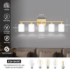 Gold Bathroom Light Fixtures, 5-Light Modern Vanity Light Over Mirror, Wall Sconces with Milky White Frosted Glass Shades, E26 Socket (Bulbs Not Included)