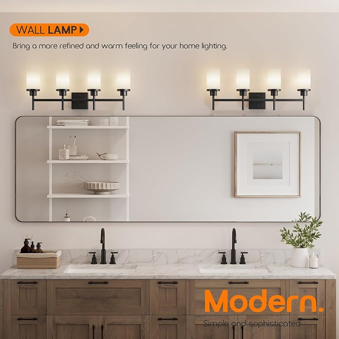 Wall Light Fixtures 4-Light Over Mirror, Matte Black Vanity Lights with White Frosted Glass Shade, Wall Sconces for Bathroom Kitchen T001MB-L4