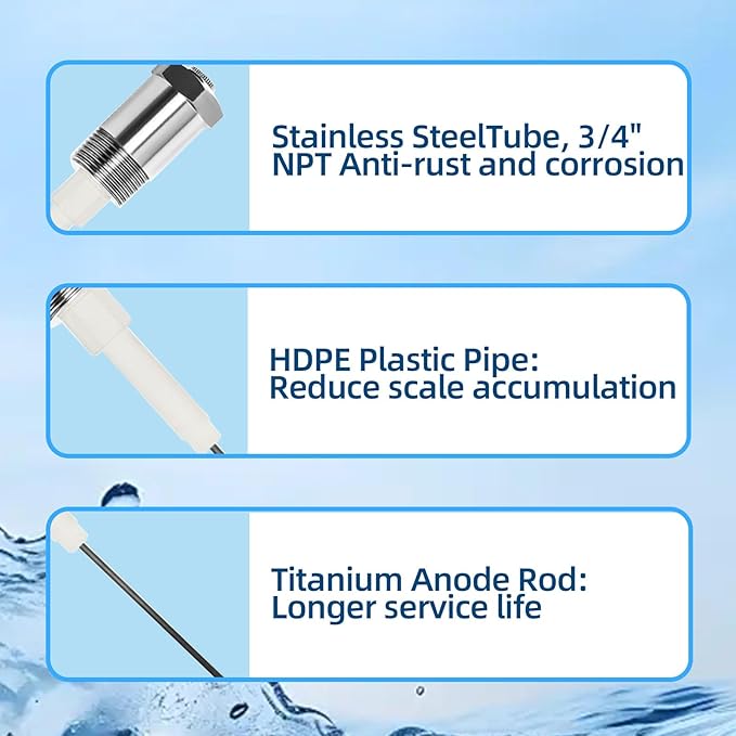 Powered Anode Rod for Water Heater Gallon Tank, Electrical Anode Rod, Eliminates Rotten Egg Smell (10-59 gallon tank)