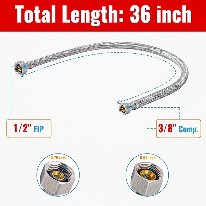 (6 Pack) SUNGATOR 36 Inch Faucet Supply Lines, 3/8" Female Comp Thread x 1/2" FIP Thread Sink Hose, 36" Stainless Steel Braided Faucet Supply Line for Bathroom, with 2 Wrenches and 1 Sealing Tape