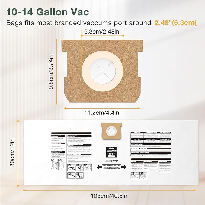 8PCS 10-14 Gallon Vacuum Bags for Shop Vac Bags, Disposable Wet Dry Vaccum Collection Bags Replace Part Type I #90672 9067200, Type F #90662 9066200 9066233, VF2005 (White)