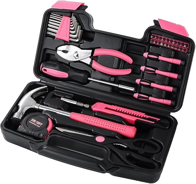 39-Piece Household Tool Set in - Perfect for Home, Garage, Office and Dorm Use - Essential Tools for The Whole Family (Pink)