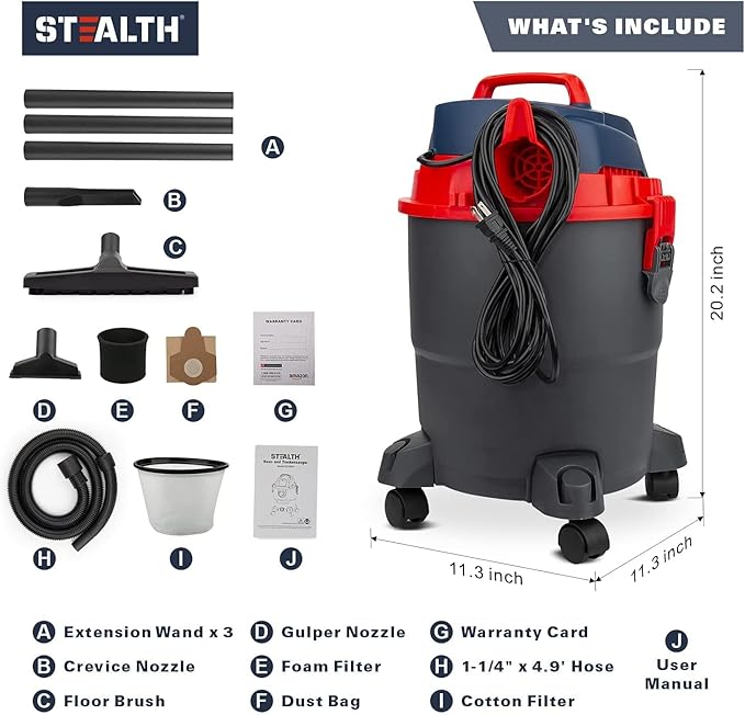 Stealth Wet/Dry Vacuum 5 Gallon, 5.5 Peak HP Shop Vacuum with Blower & Drain Port for Home Clean, Garage Clean, Car Detailing, Workshop, ECV05P2 Small Shop Vac