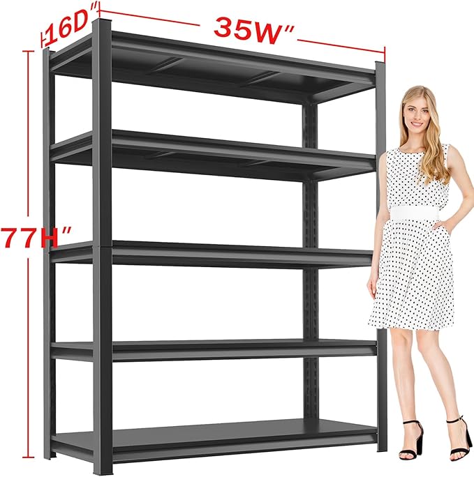 Metal Garage Storage Shelves Heavy Duty Shelving Unit 5 Tier Steel Adjustable Organizing Shelves 3000 LBS Capacity Industrial Shelving Ideal for Garage Tote Pantry Basement Outdoor, 77”Hx35”Wx16”D
