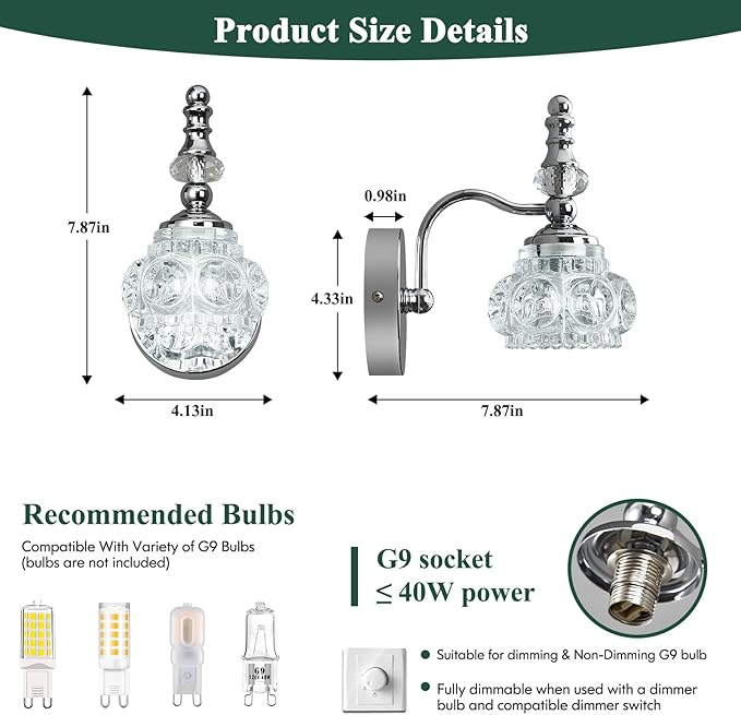 Modern Wall Sconces Set of Two Indoor Lamp Chrome Vintage Glass Light Bathroom Vanity Fixture Wall-Mounted Room Lighting