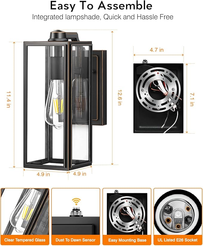 VIANIS Outdoor Wall Lights Dusk to Dawn, Large Exterior Light Fixture Wall Mount for House Front Porch Light, Black Anti-Rust Modern Outside Wall Sconces with Tempered Glass Shade for Garage