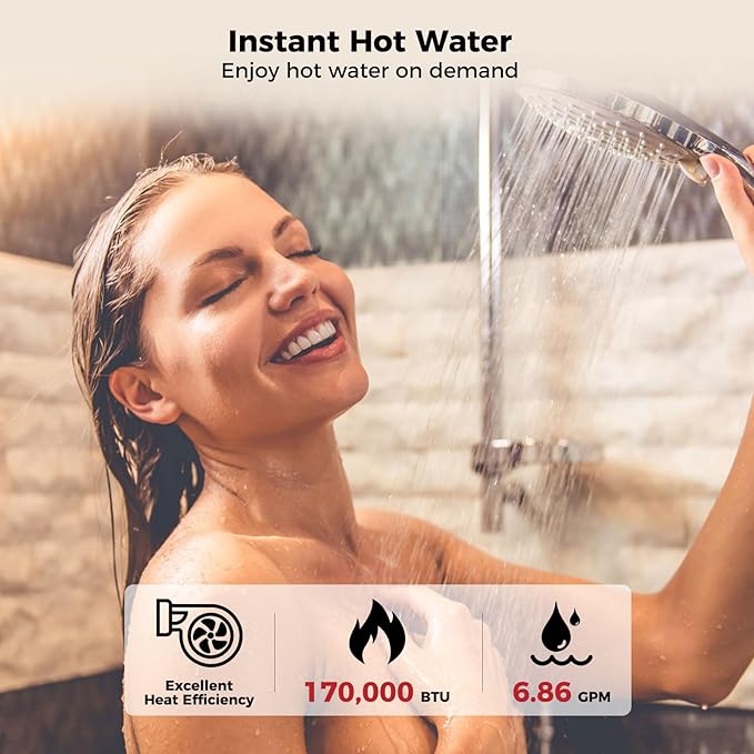 CAMPLUX Climatech 7 Tankless Water Heater Gas Indoor 6.86 GPM, 170,000 BTU On Demand Instant Tankless Hot Water Heater Natural Gas, Indoor Installation, White, CA686W, Real Parameters, No False