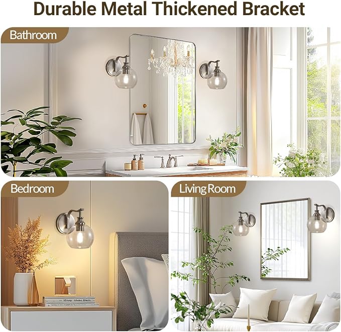 ANDY STAR Brushed Nickel Bathroom Light Fixtures, 1-Light Vanity Lights, Modern Bathroom Wall Sconces Lighting with Globe Clear Glass Shade Up or Down Wall Mounted for Kitchen, Living Room, Hallway