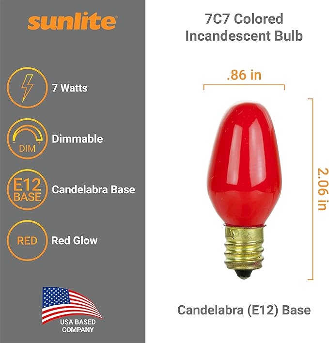 Sunlite 01275 7C7 Incandescent Bulb, 7 Watt, Candelabra E12 Base, C7 Small Night Light, Colored Bulb, Red, 25 Count