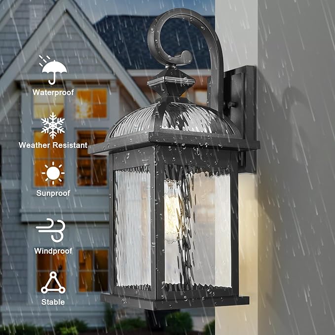 Darkaway 2pcs Outdoor Lights Fixtures Wall Mount, Large 22inch Outdoor Wall Sconce Lights with Water Ripple Glass Outside Exterior Lights Fixture for House Front Porch Patio