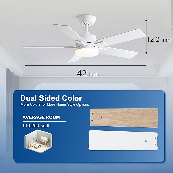 42 Inch Ceiling Fans with Lights and Remote, White Ceiling Fan with 5 Blades, 6 Speed Reversible DC Motor, 3CCT Dimmable LED, Modern Design for Bedroom, Living room & Covered Outdoor,Includes Downrod