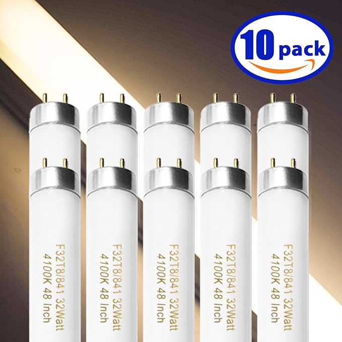 F32T8/841 32W 48 Inch T8 Fluorescent Tube Light Bulb, T8 Fluorescent Bulbs 4 Foot, 4ft Light Bulb, 4100K Cool White, 2850 Lumens, G13 Medium Bi-Pin Base,10 Pack