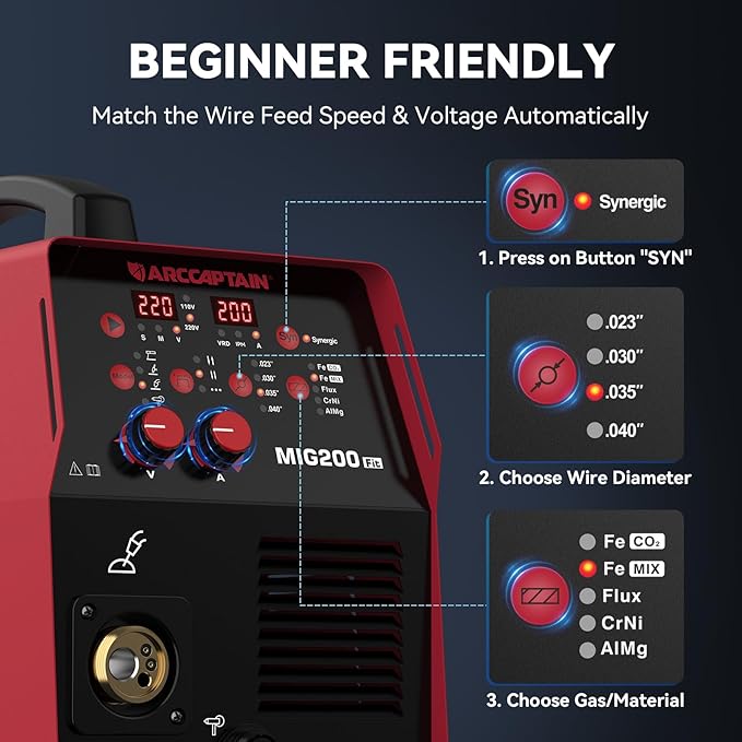 ARCCAPTAIN 6-in-1 Aluminum MIG Welder, 200A Welding Machine 110V/220V, Flux Core MIG/Gas MIG/Lift TIG/Stick Welding/Spool Gun MIG/Spot Multiprocess Welder with Synergy, Ideal for Beginner