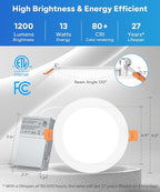 LVWIT 12 Pack Recessed Lighting 6 Inch with Junction Box, Ultra-Thin Dimmable 1200LM 2700K-5000K Wafer Downlight, Canless Smooth Trim LED Ceiling Light with ETL,FCC&IC