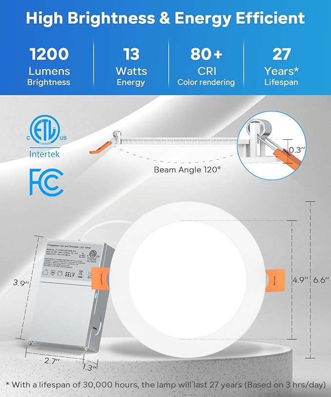 LVWIT 12 Pack Recessed Lighting 6 Inch with Junction Box, Ultra-Thin Dimmable 1200LM 2700K-5000K Wafer Downlight, Canless Smooth Trim LED Ceiling Light with ETL,FCC&IC