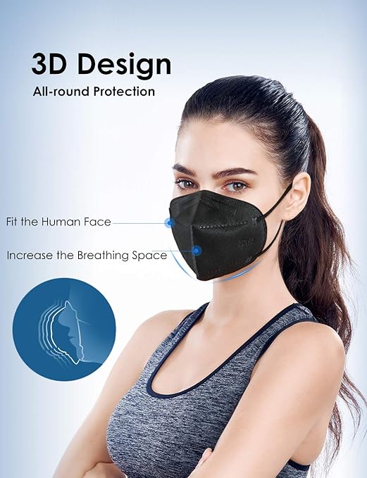 HUHETA KN95 Face Masks, Packs of 30 Individually Wrapped, 5-Ply Breathable and Comfortable Safety Mask, Filter Efficiency Over 95%, Protective Cup Dust Masks Against PM2.5 (Black Mask)