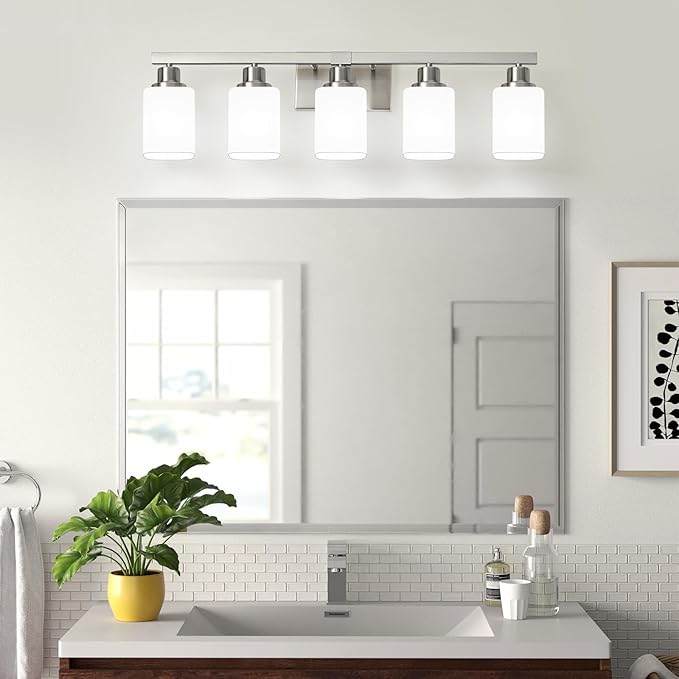 5-Light Bathroom Vanity Light,Brushed Nickel Vanity Lights with Square Frosted Glass,Modern Bathroom Wall Lights Fixtures Over Mirror,Wall Sconces Lighting for Bedroom Living Room,E26