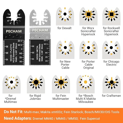 PECHAM 24PCS Universal Wood Metal Oscillating Multitool Quick Release Saw Blades Fit Porter Cable Black & Decker Rockwell Ridgid Ryobi Milwaukee Chicago Craftsman