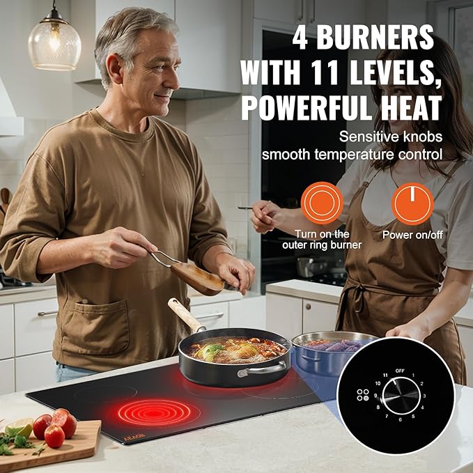 VEVOR Electric Ceramic Cooktop, Built-in Electric Stove Top, with Glass Panel, Knob Control, 11 Heat Levels, for Diverse Cooking Requirements (30inch-4burners/220V)