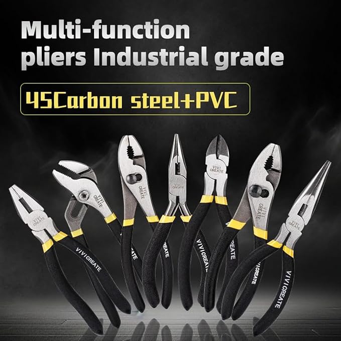 Vivicreate 7-Piece Pliers Set Heavy Duty Multipurpose Tools for Home Repair DIY Auto Electrical Work Includes Long Nose Slip Joint Linesman and Diagonal Pliers Alicates de Corte Herramientas