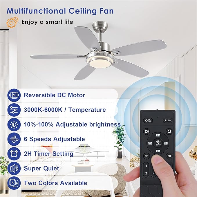 50inch Brushed Nickel Ceiling Fan with Light - Quiet Reversible DC Motor 5 Dual-Finish Blades Dimmable 3-Color LED for Bedroom Living Room Indoor