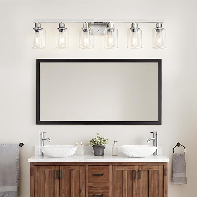 Bathroom Vanity Light, 6-Light Nickel Modern Matte Wall Sconce Lighting with Clear Glass Shade, Wall Lights,Bath Vintage Wall Mounted Lamps for Mirror Bedroom Living Room