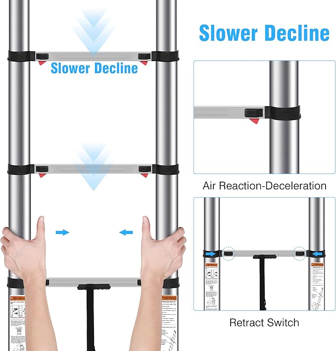 Telescoping Ladders 16.5 FT Stainless Steel Extension Ladders - Multi-Button Retraction Collapsible Ladder for Home,RV,Loft, Lasts 375 LBS with Balance Bar,2 Triangle Stabilizers and Wheels