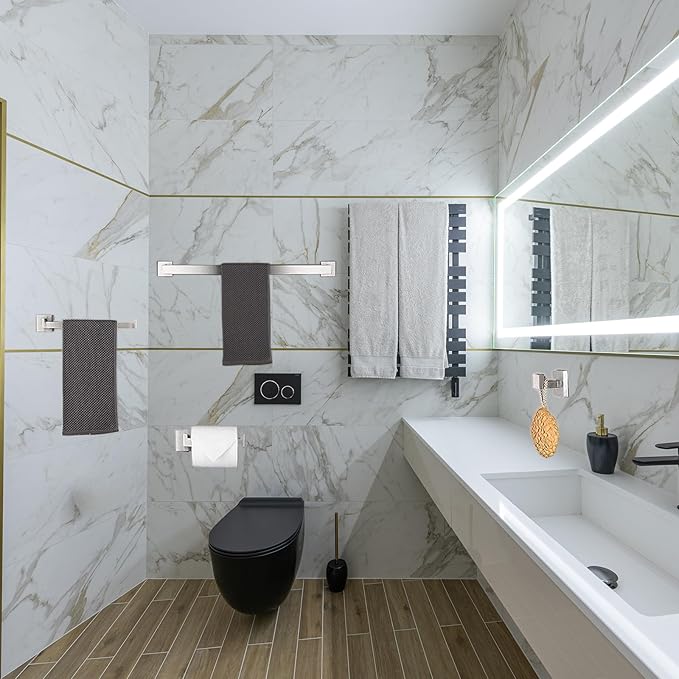 4-Piece Bathroom Hardware Set, Towel Rack Towel Bar Towel Holder Toilet Paper Holder Towel Hooks Modern Square Premium Stainless Steel Brushed Nickel Wall Mounted Bathroom Accessories Set (16inch)