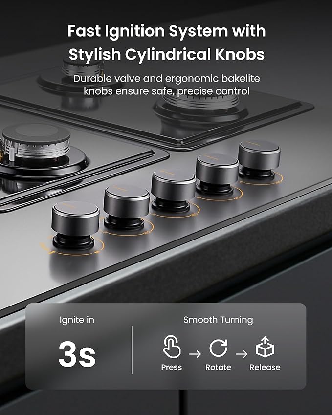 FOTILE GLG36501-Y 36” Moonshadow Grey Anti-glare Tempered Glass 5-Burner Gas Cooktop, Tri-Ring 18,000 BTUs Left Burner with Flame Failure Protection Removable Grates and Installation/LP Kit