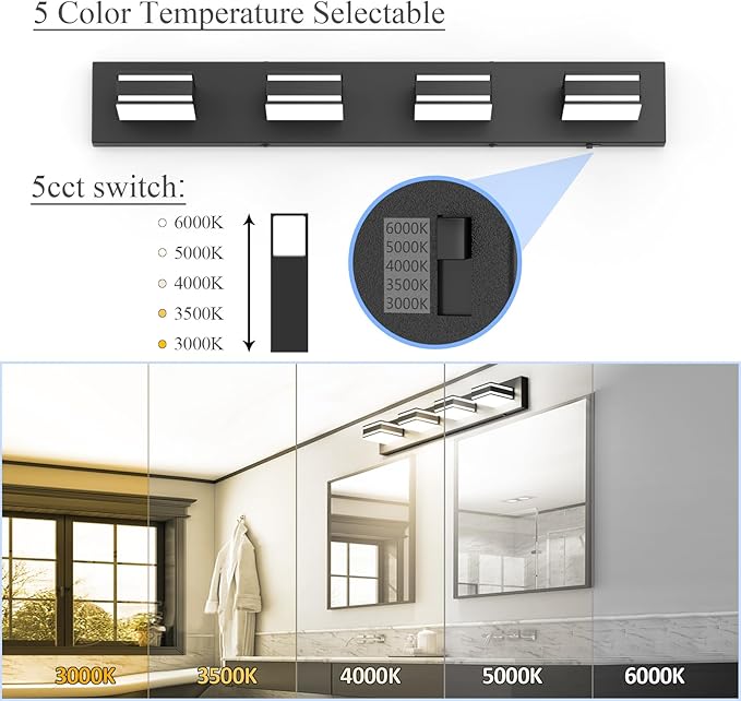 Ralbay 30inch Black Vanity Light for Bathroom with 5 Color Temperatures (3000K-6000K) Dimmable Metal Acrylic Modern LED Matte Black Bathroom Light Fixtures (4-Light)