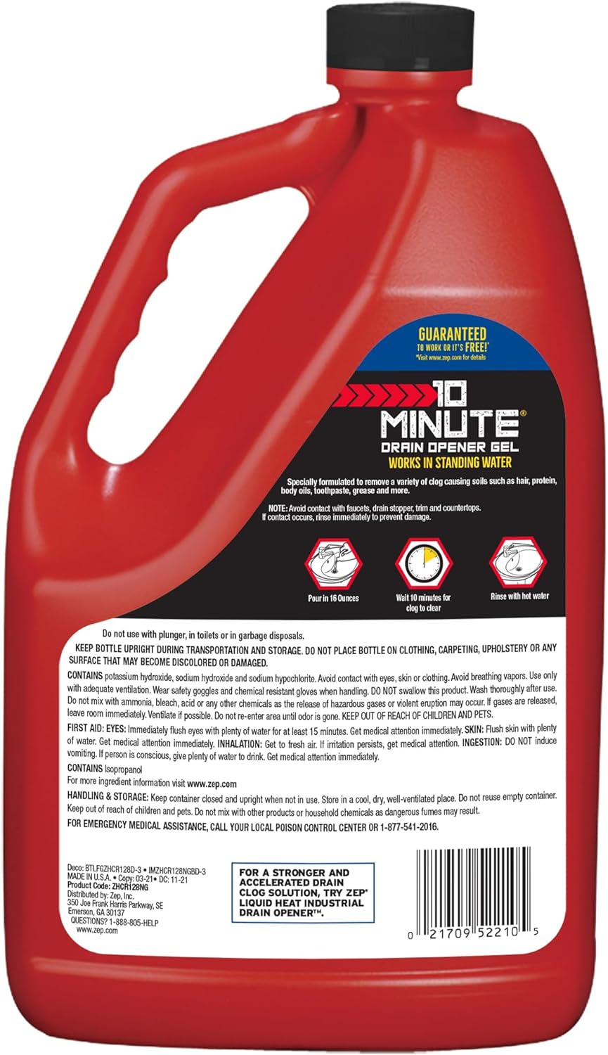 Zep 10 Minute Drain Opener Gel 1 Gallon (Case of 4) ZHCR128NG - Commercial Strength, Fast Acting and Safe for All Pipes