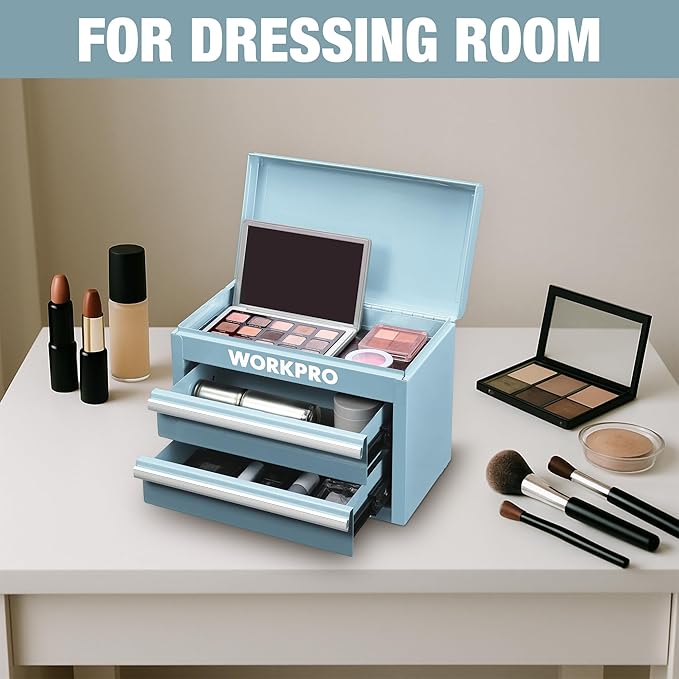 WORKPRO Metal Mini Tool Box, Top Tool Chest Containing Two Drawers with Ball Bearing Slides, PVC Drawer Liners and PP Feet Pads, Durable Cold Rolled Steel Small Toolbox for Multi-Purpose Storage
