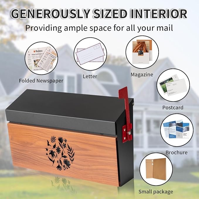 Wall Mount Mailbox, Large Capacity Mailbox for House Outside with Flag Kit Galvanized Steel Rust-Proof Metal Post Drop Box, 15.74"×9.84"×4.33" Flower Hollowed Wooden Patterned Metal Sheet