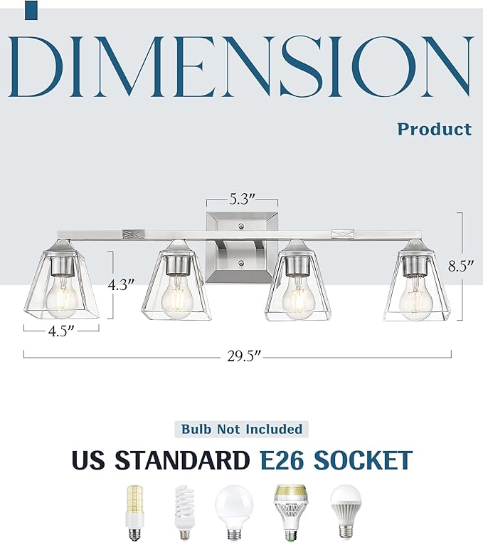 Brushed Nickel Bathroom Vanity Light, HWH 4-Light Vanity Light Fixture Modern Vanity Wall Sconce Lamp Over Mirror with Square Glass Shade, 5HY68B-4W BN