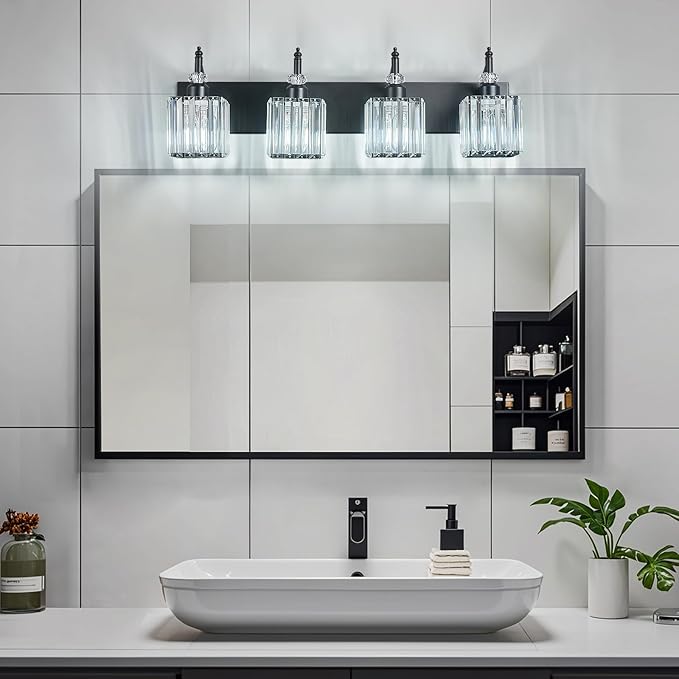 Crystal Vanity Lights - Black 4 Light Modern Bathroom Vanity Light Fixtures Over Mirror