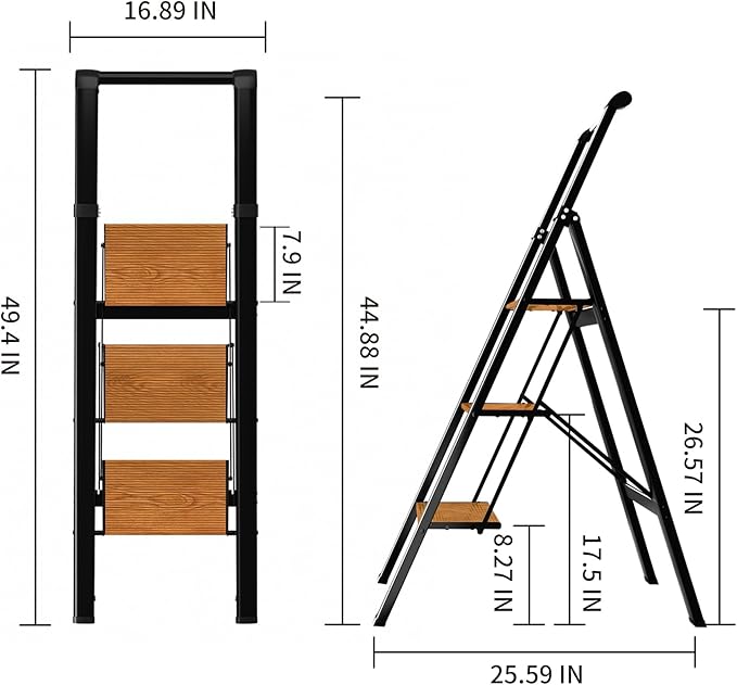 3 Step Ladder,Folding Step Stool with Aluminum Wide Pedal& Convenient Handgrip,330lbs Capacity Steel Ladder for Household and Office(Black &Woodgrain)