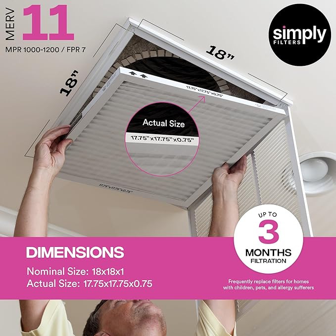 Simply 18x18x1 Air Filter, Merv 11, MPR 1000, 6 Pack, For Home AC Furnace & HVAC (Actual Size: 17.75"x17.75"x0.75") DUST, Pet, & Allergy Control