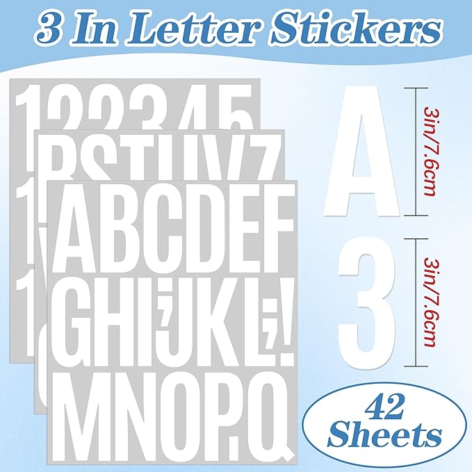 910 PCS 42 Sheets Letter Stickers Large Mailbox Numbers and Letters Self Adhesive Vinyl Waterproof Custom Alphabet Number Stickers for Mailbox Address, DIY Crafts, Door, Windows Decor (3 Inch,White)