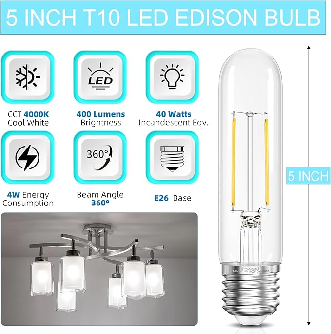 Tubular LED Edison Bulb Dimmable 4000K Neutral White, 4W, 40 watt Equivalent, E26 LED Light Bulbs, T10 Edison Bulbs for Chandeliers, Ceiling Fan, 90+CRI 400LM, 6 Pack