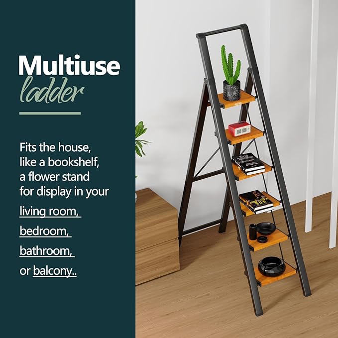 WOA WOA Step Ladder 6 Step Folding, Foldable Tall Ladder with Handrail, Aluminum Stepladder for High Ceilings, Lightweight, Deep Pedals, Anti-Slip Feet, Capacity 300 lbs - Black & Wood Grain