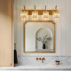 Crystal Vanity Lights 4-Light Gold Bathroom Vanity Lights Modern Crystal Bathroom Light Fixtures Over Mirror 32.67" Long Vanity Light for Bathroom