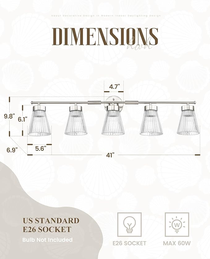 Brushed Nickel Bathroom Vanity Light, HWH 5-Light Bathroom Light Fixtures Modern Wall Vanity Lamp for Bathroom Over Mirror, Clear Striped Glass Shade, 5HZG97B-5W BN