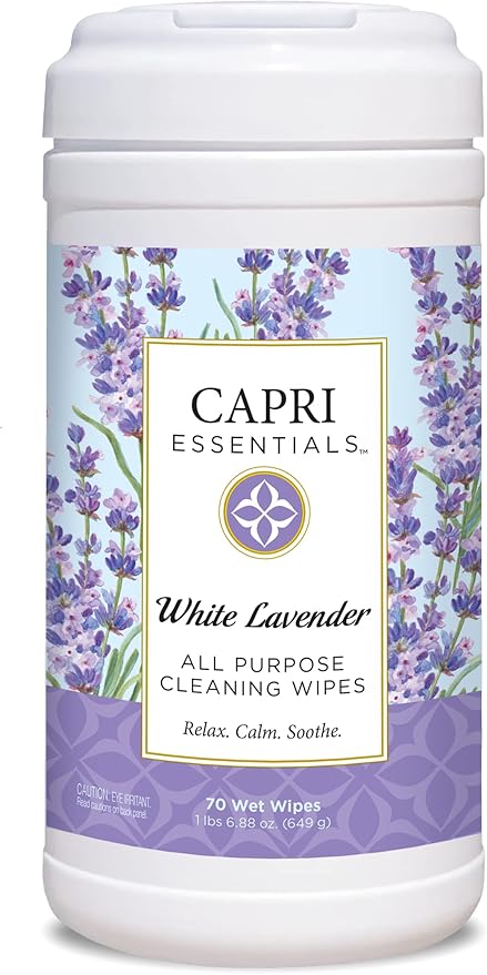 Capri Essentials All Purpose Cleaning Wipes, Natural Household Cleaning Supplies, Bathroom and Kitchen Cleaner with Essential Oils, Chamomile, Thyme & Juniper, Sweet Basil Scent, 70 Wet Wipes