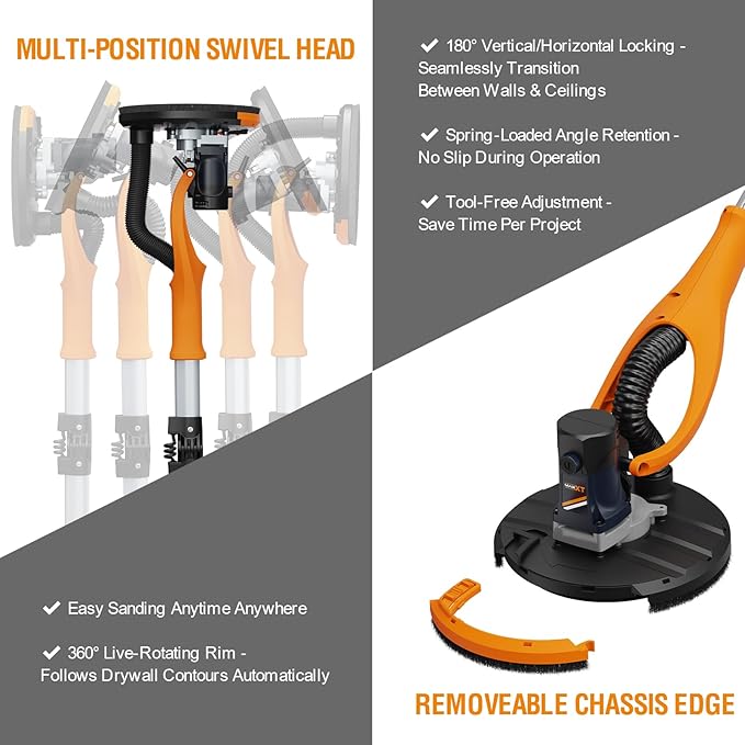 MAXXT Drywall Sander, Lightweight Popcorn Ceiling Removal Tool, 5 Variable Speed Foldable Telescopic Electric Drywall Sander, 800-1700RPM Vertical Power Ceiling Sander With 6pcs SandPapers, Bag